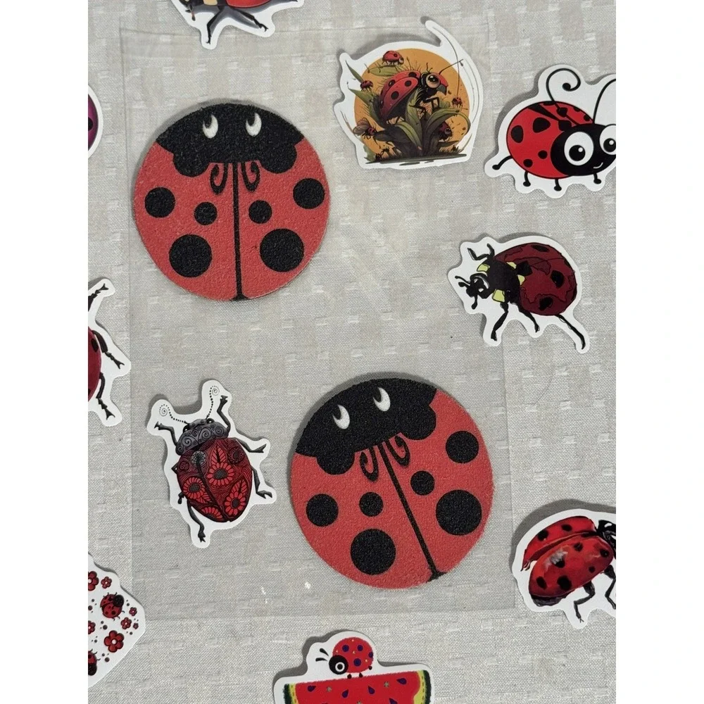 2 Ladybug Neoprene Fabric Round Car Coasters For Cup Holder & 10 Stickers Set